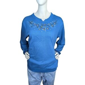 Vintage Embroidered Bird & Floral Sweatshirt in Cobalt Blue (Women’s L)